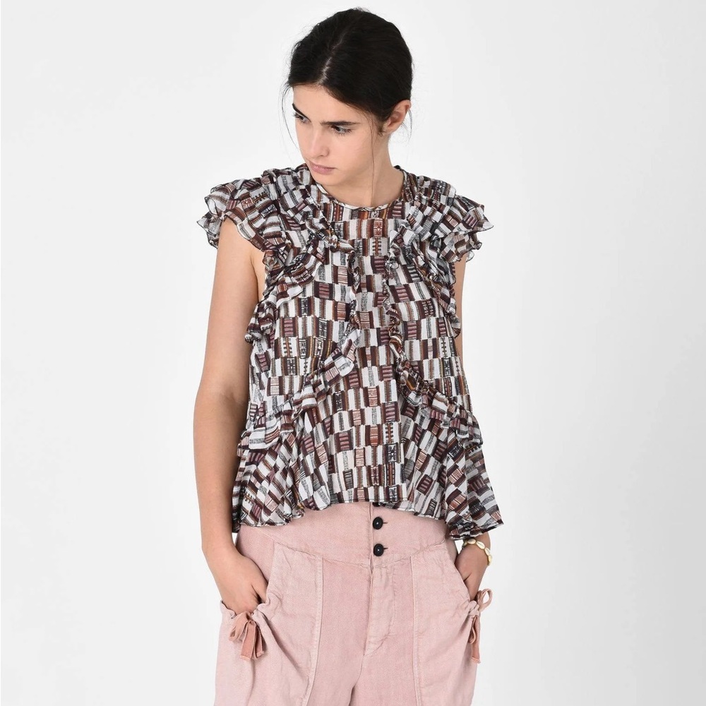 Anthropologie Ruffled Geo-Print Blouse in Brown, White, Black